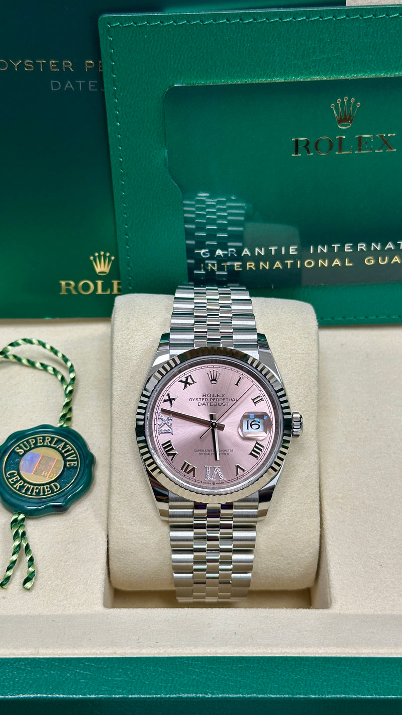 Rolex Datejust 36mm Fluted Bezel Pink Roman Diamond Dial Jubilee - 126234 - New 2025
