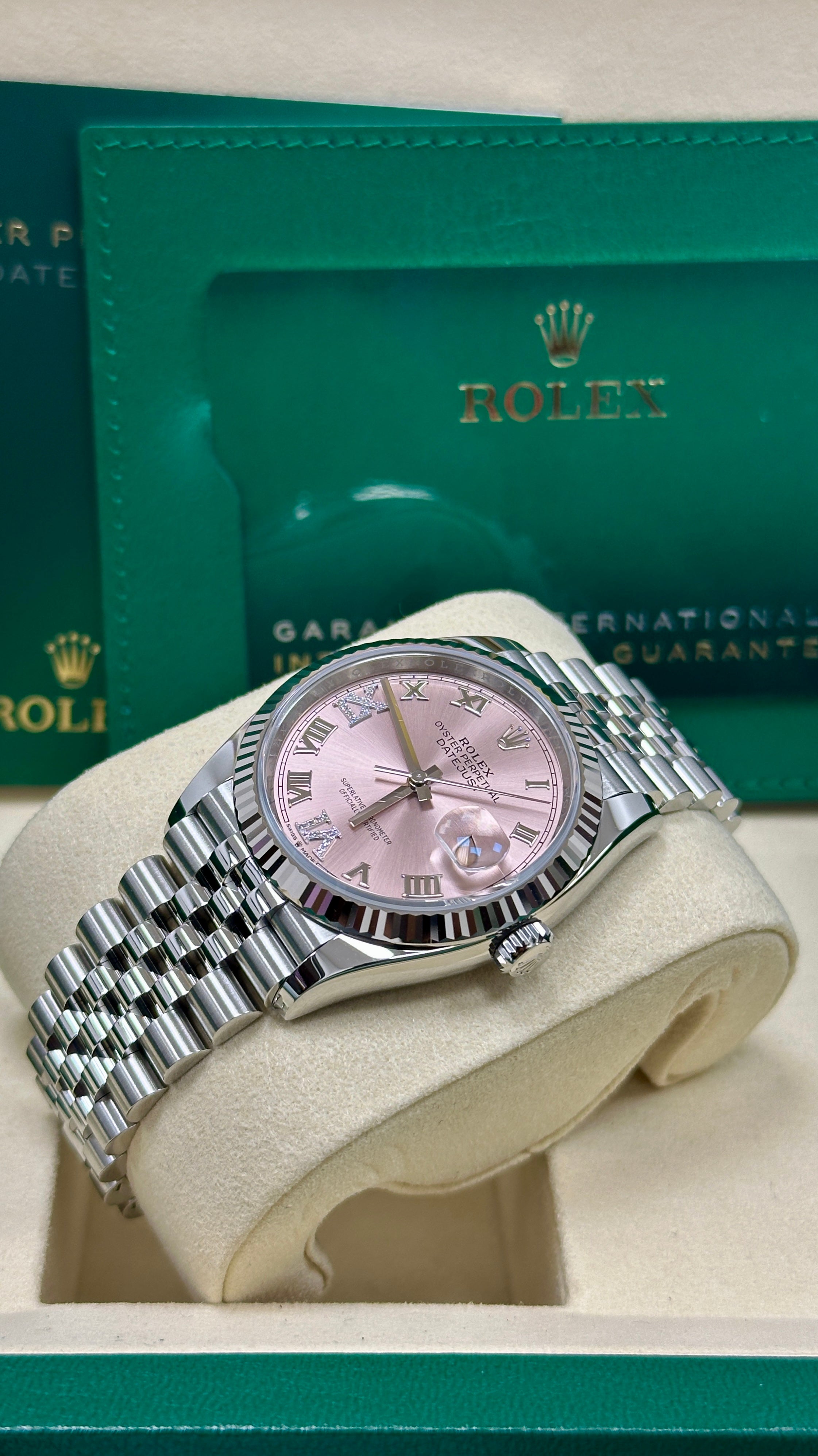 Rolex Datejust 36mm Pink Roman Diamond Dial Fluted Bezel Jubilee Brace