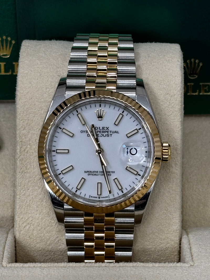 Rolex Datejust 36mm Two-Tone Yellow Gold Fluted Bezel White Index Dial Jubilee - 126233 - New 2024