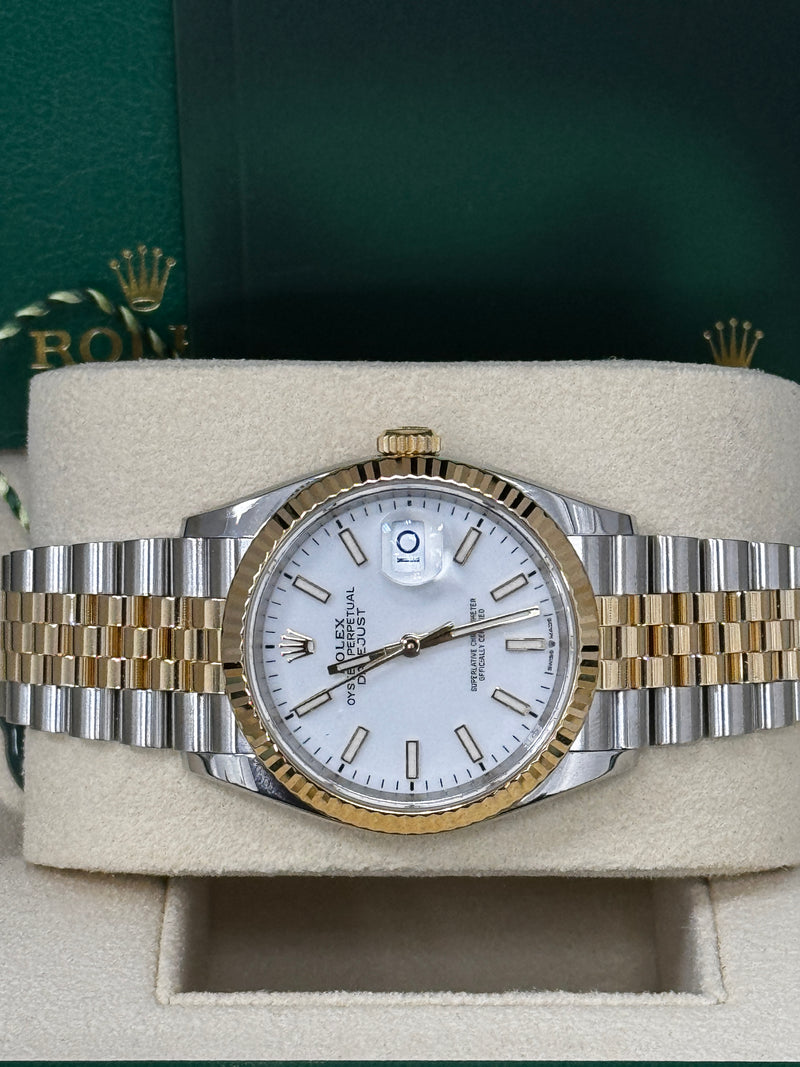 Rolex Datejust 36mm Two-Tone Yellow Gold Fluted Bezel White Index Dial Jubilee - 126233 - New 2024