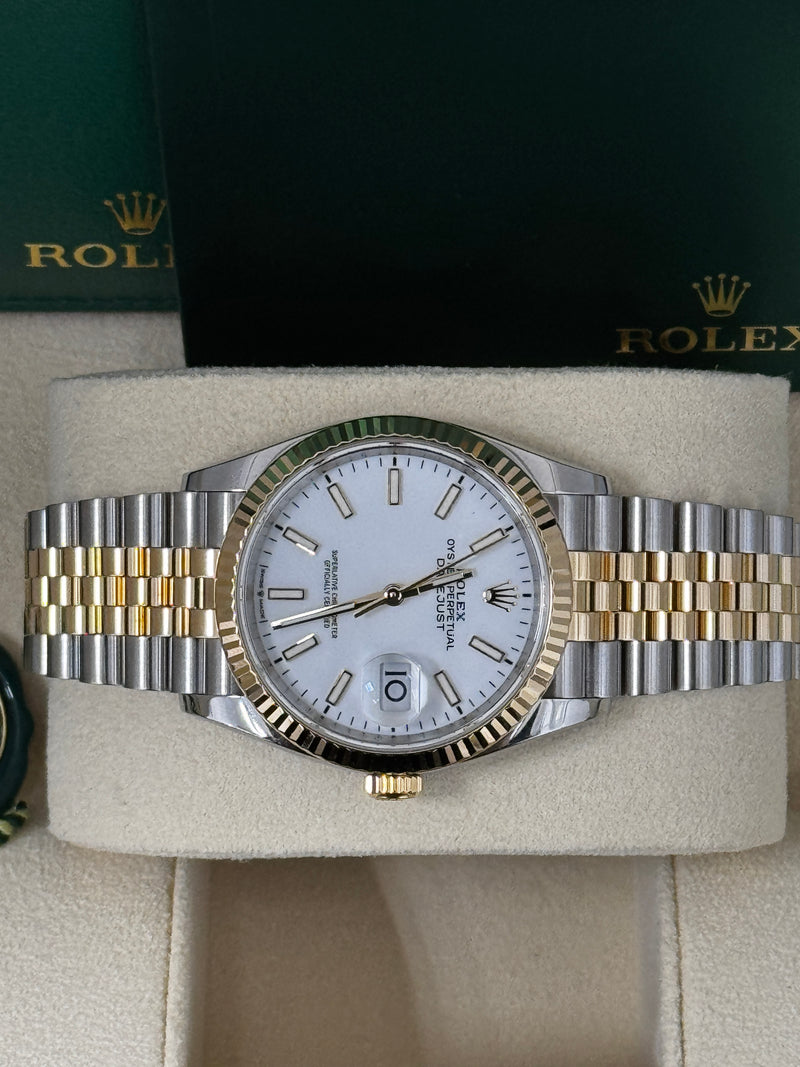 Rolex Datejust 36mm Two-Tone Yellow Gold Fluted Bezel White Index Dial Jubilee - 126233 - New 2024