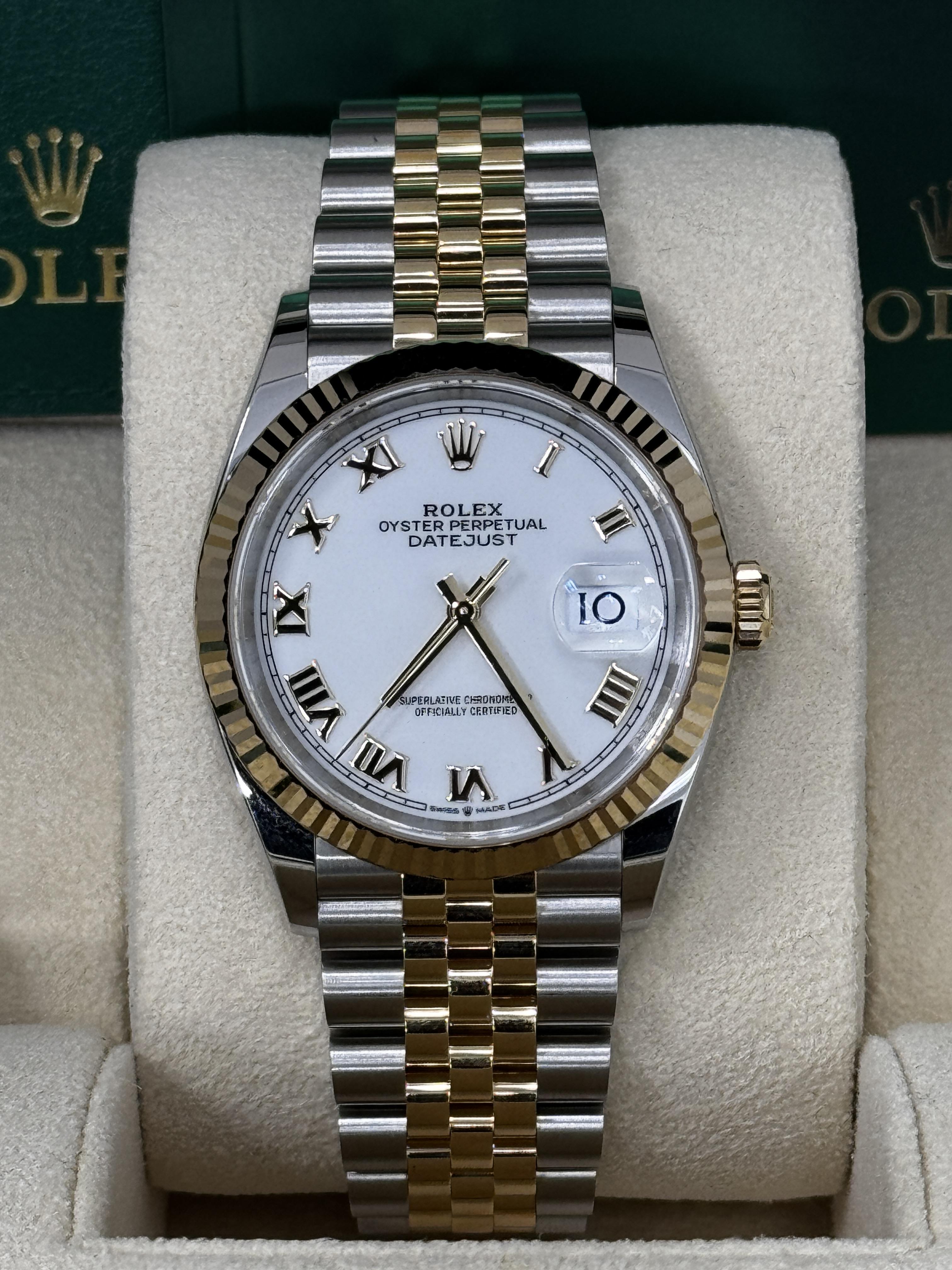 Rolex Datejust 36mm Two-Tone Yellow Gold White Roman Dial Fluted Bezel Jubilee