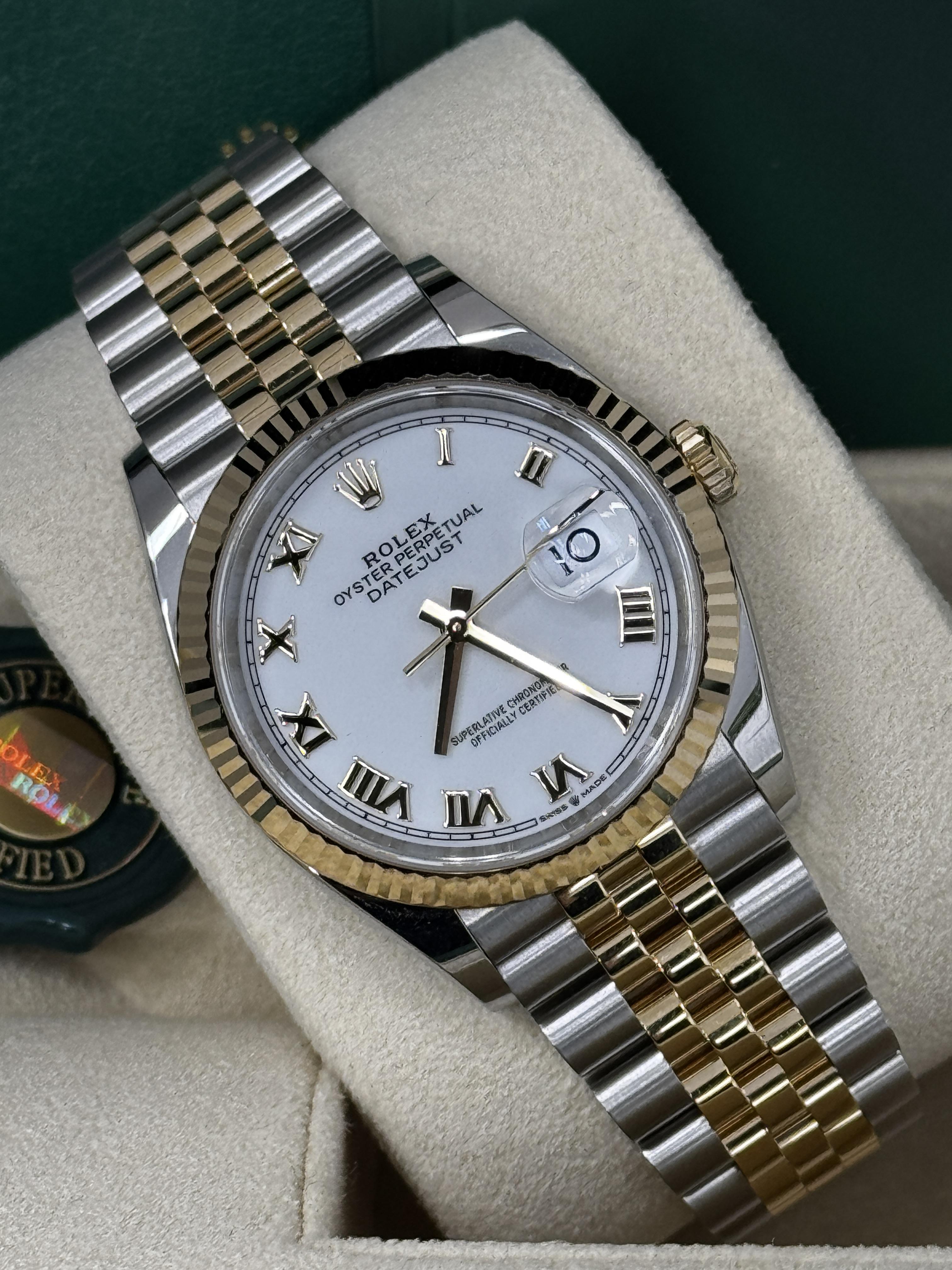 Rolex Datejust 36mm Two-Tone Yellow Gold White Roman Dial Fluted Bezel