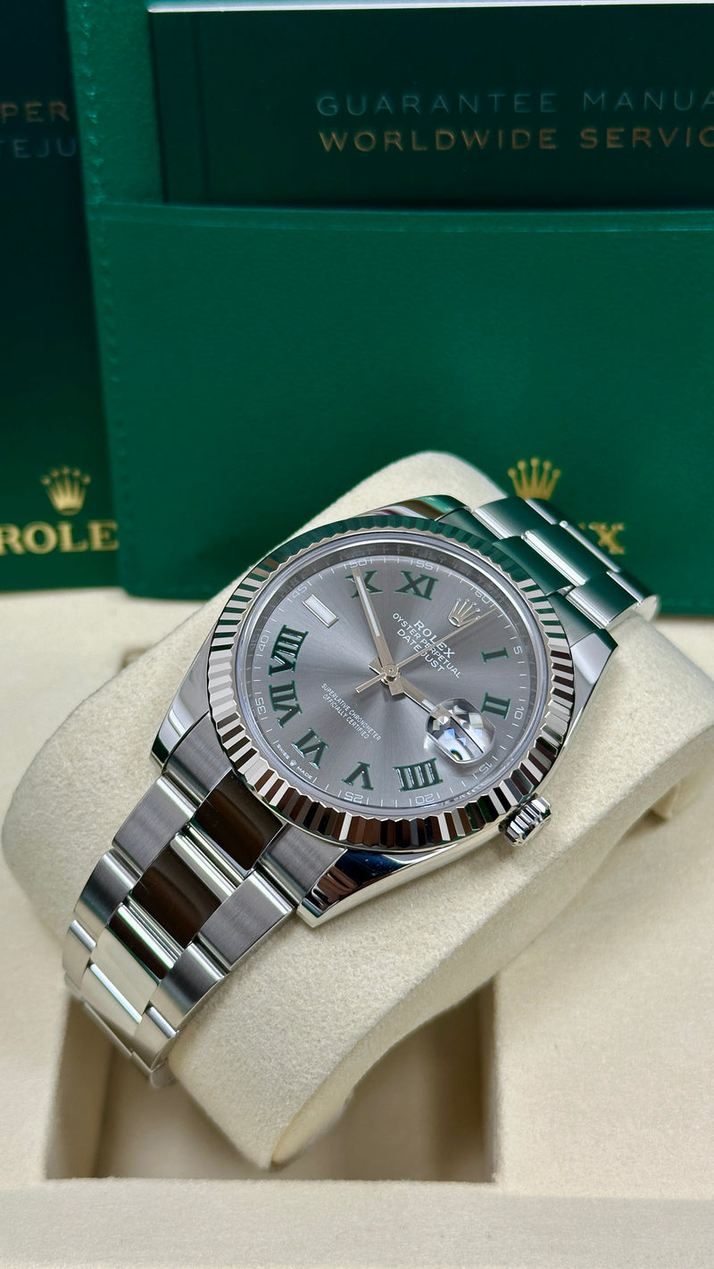 Rolex Datejust 41mm Fluted Bezel Slate and Green Roman "Wimbledon" Dial Oyster - 126334 - New 2025