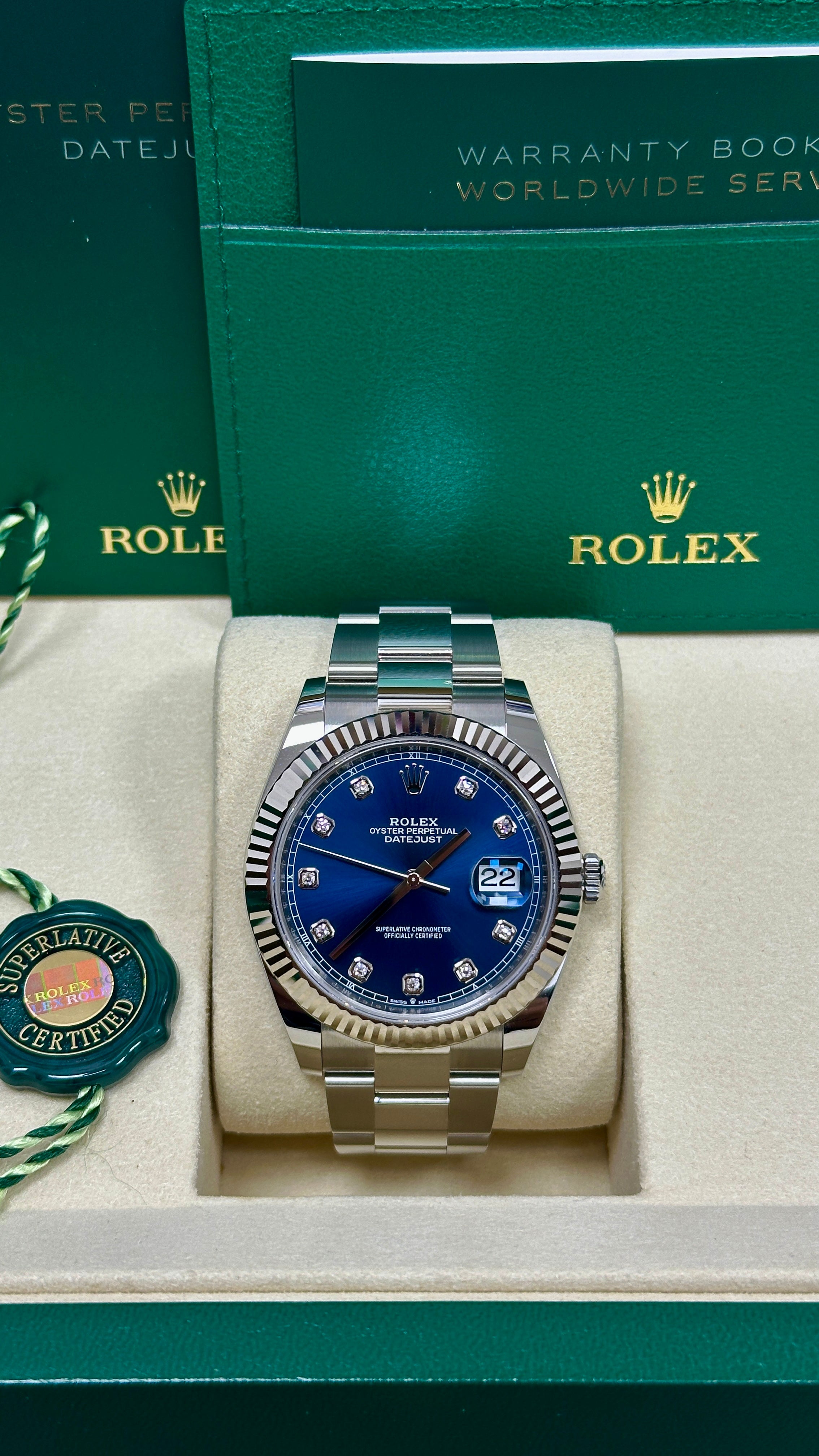 Rolex Datejust 41mm Blue Diamond Dial Fluted Bezel Oyster Bracelet 126334 – New 2025 / 2026