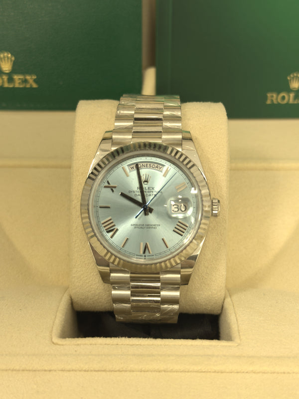 Rolex Day-Date "President" 40mm Platinum Ice Blue Roman Dial - 228236 - New 2024