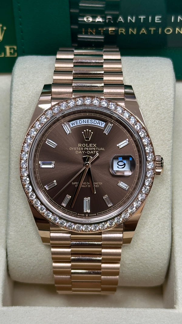 Rolex Day-Date "President" 40mm Everose Gold Chocolate Diamond Baguette Dial Diamond Bezel - 228345RBR - New 2025
