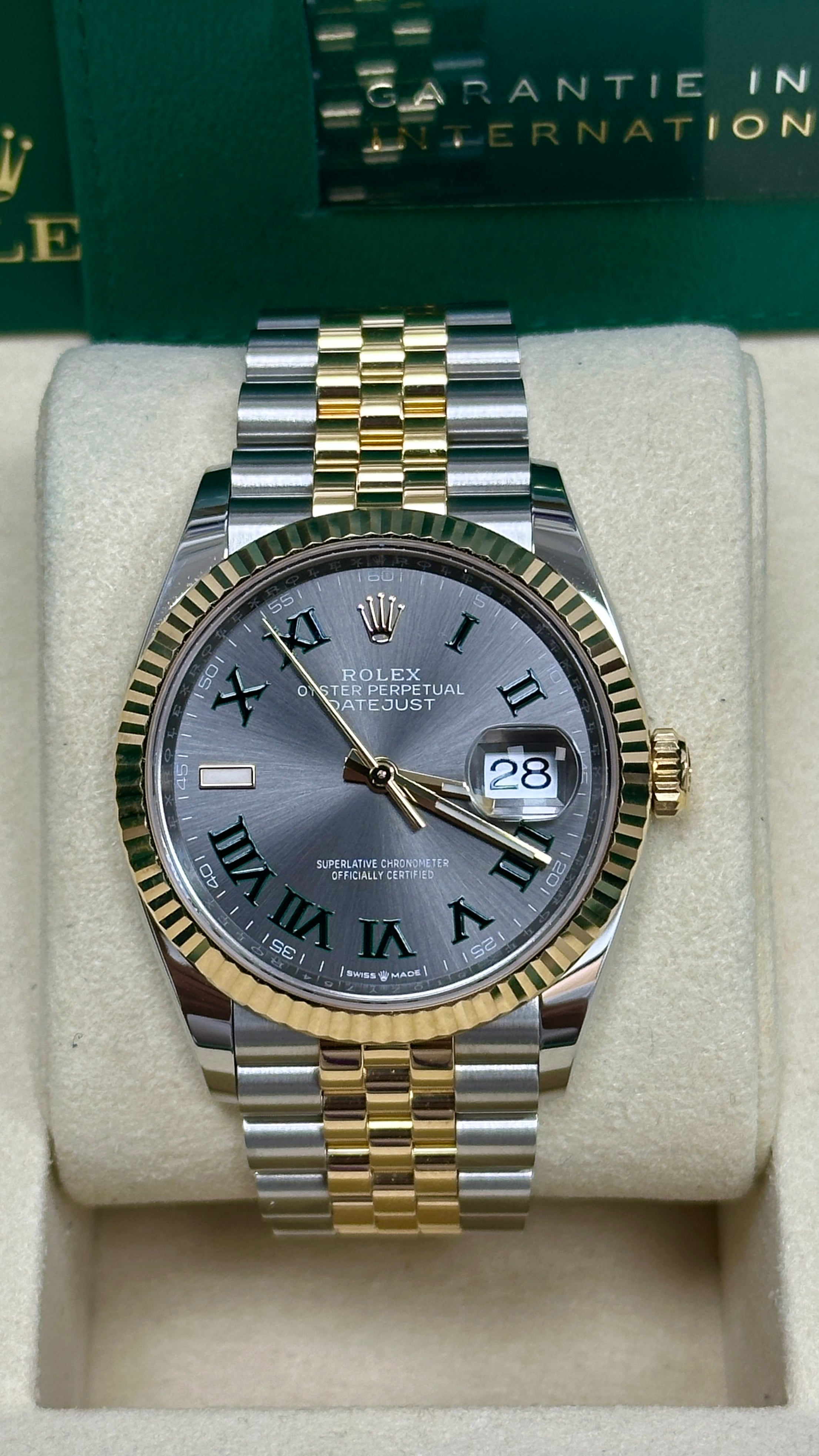 Rolex Datejust 36mm "Wimbledon" Two-Tone Yellow Gold Roman Dial Fluted Bezel Jubilee Bracelet 126233 – New 2025