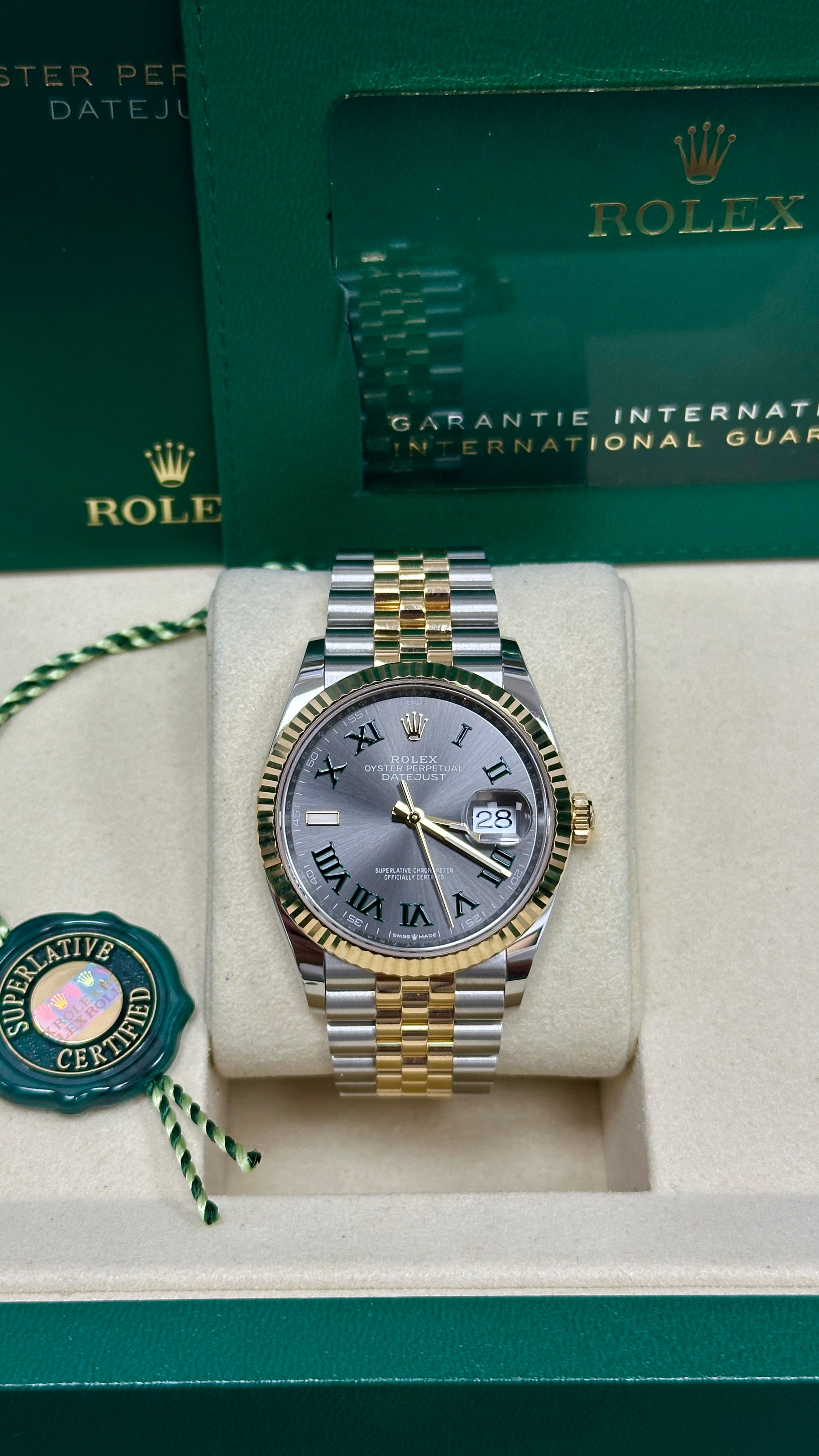 Rolex Datejust 36mm "Wimbledon" Two-Tone Yellow Gold Roman Dial Fluted Bezel Jubilee Bracelet 126233 – New 2025