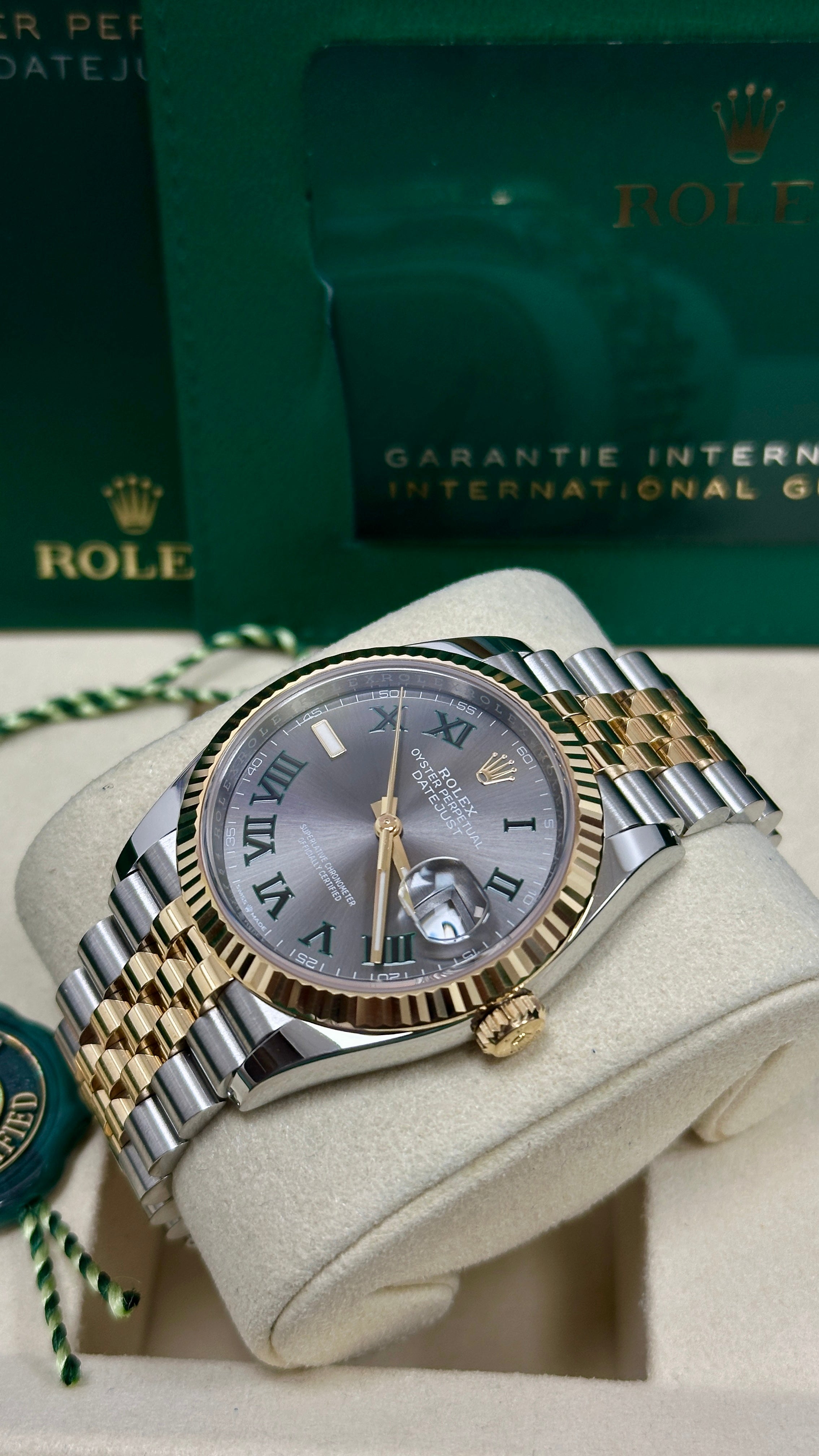 Rolex Datejust 36mm "Wimbledon" Two-Tone Yellow Gold Roman Dial Fluted Bezel Jubilee Bracelet 126233 – New 2025