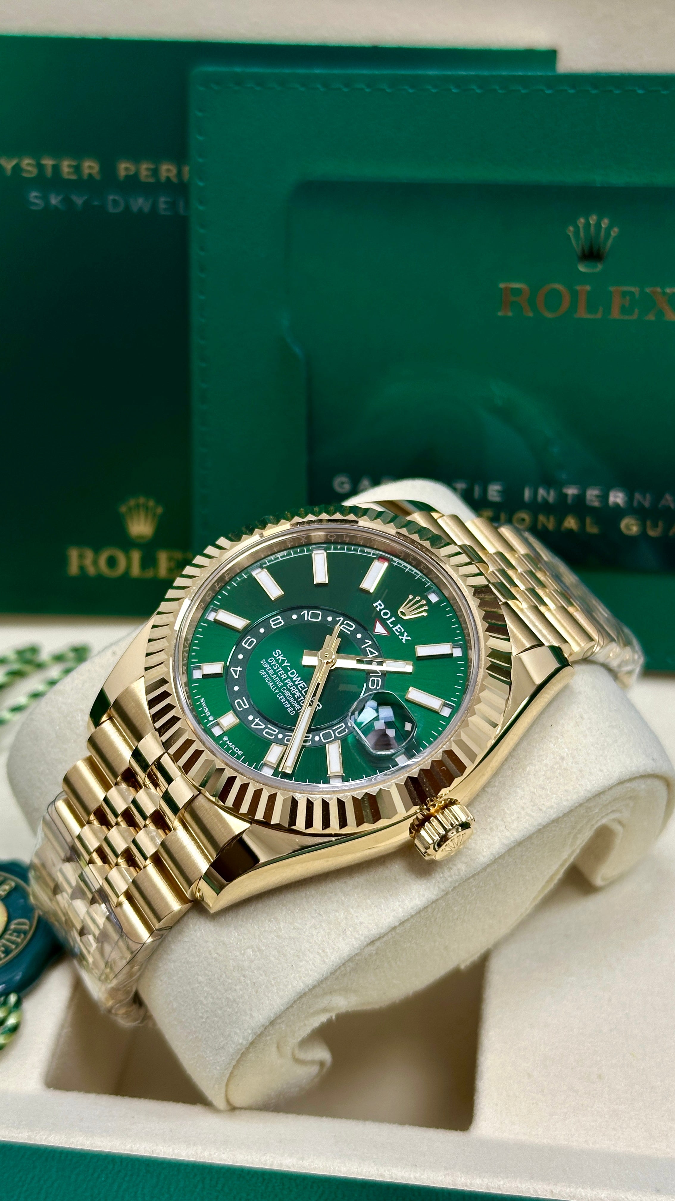 Rolex Sky-Dweller 42mm Yellow Gold Bright Green Dial Jubilee Bracelet