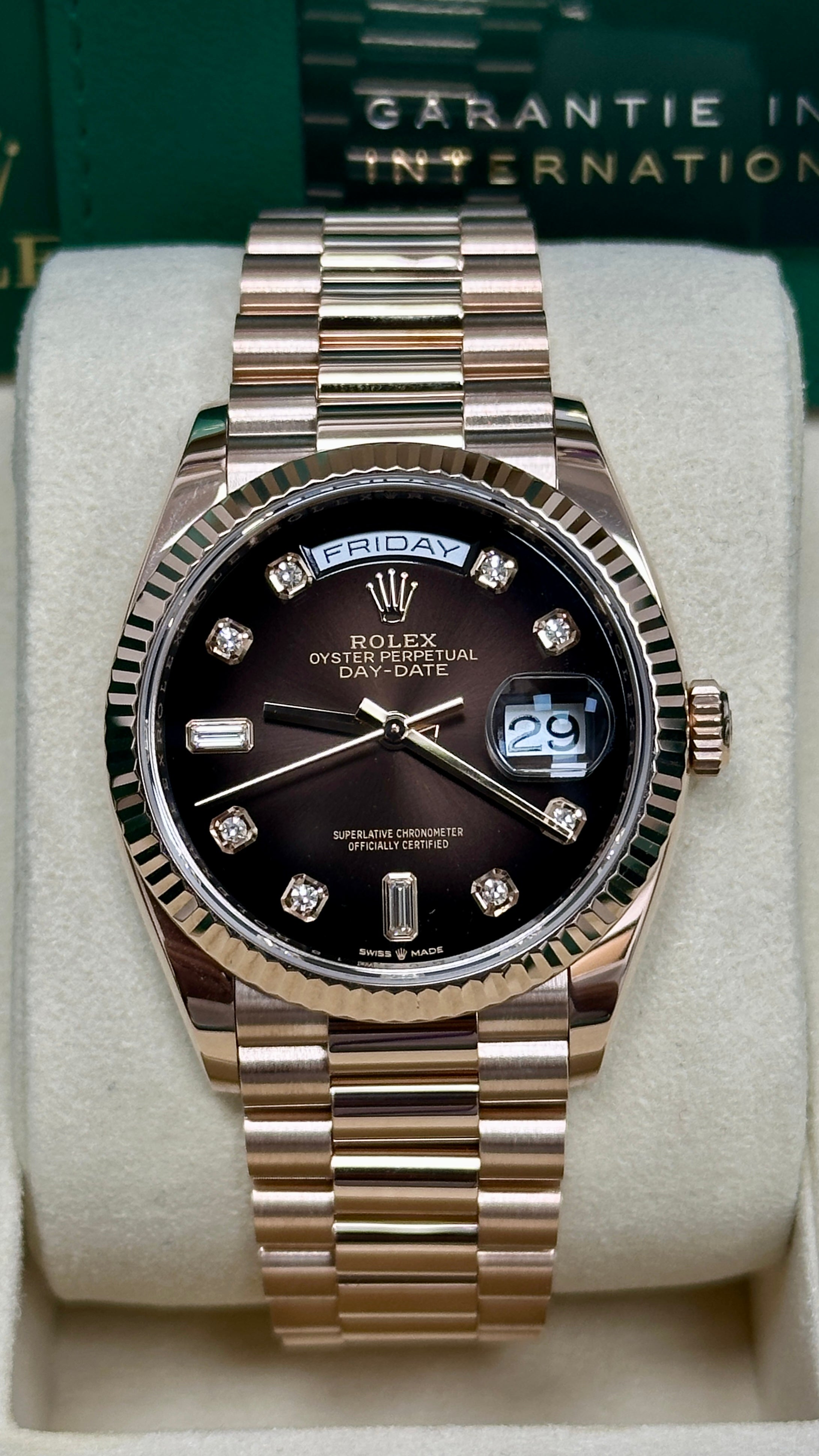 Rolex Day-Date 36mm Everose Gold Brown Ombre Diamond Dial President Bracelet – 128235 – New 2025