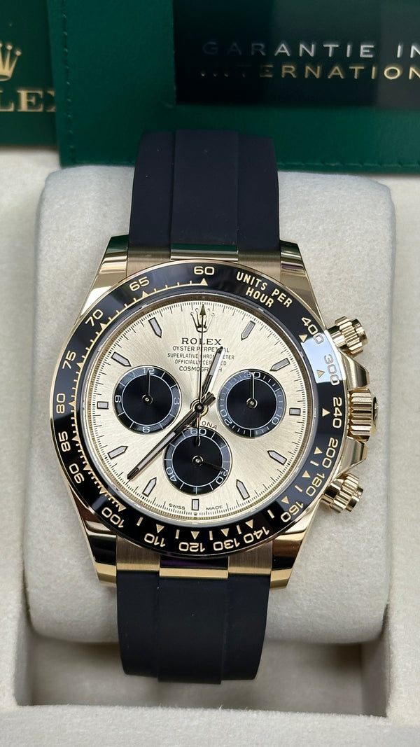 Rolex Cosmograph Daytona 40mm Yellow Gold Ceramic Bezel Champagne and Black "YML/Pikachu" Dial Oysterflex - 126518LN - New 2025