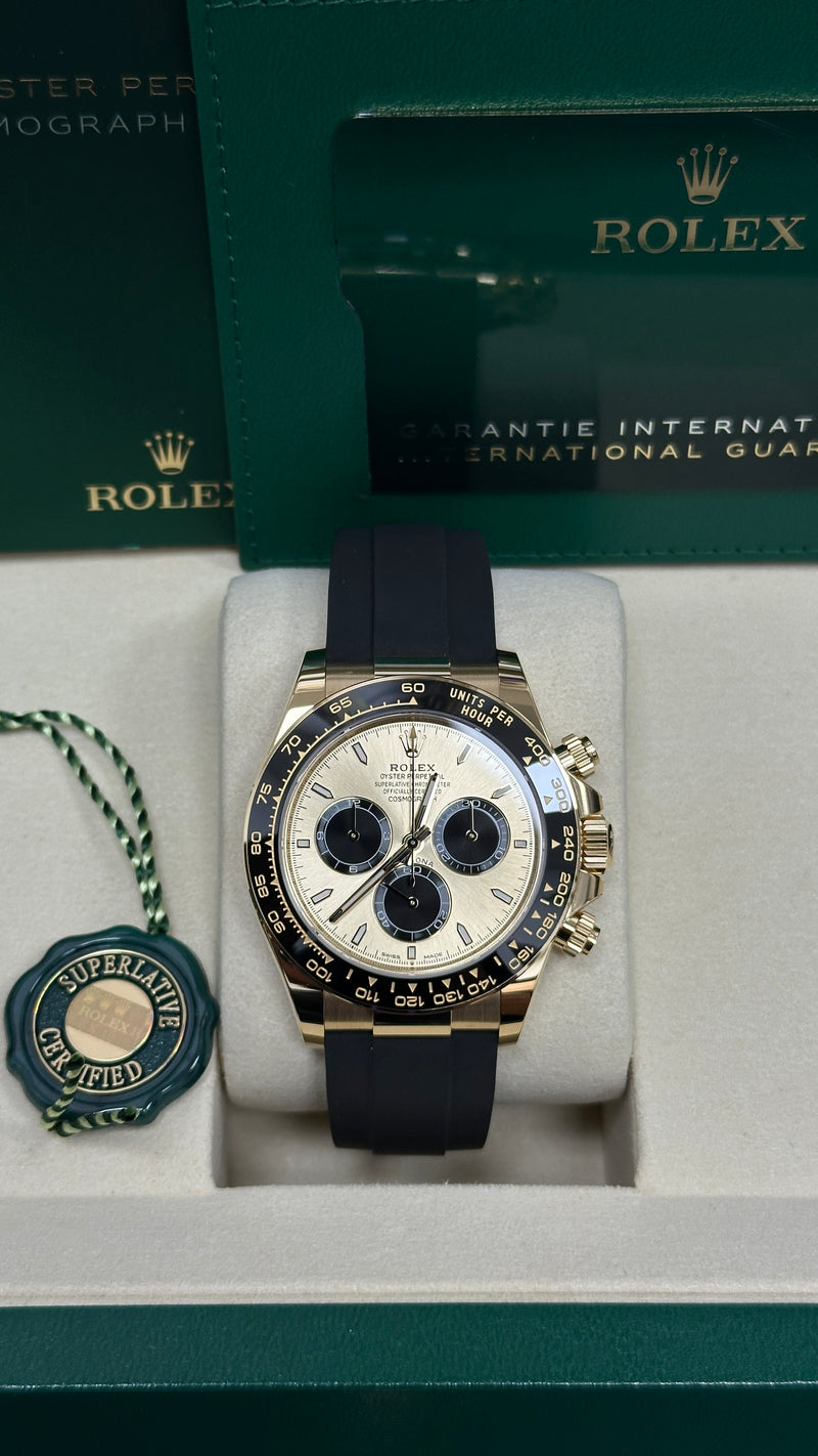 Rolex Cosmograph Daytona 40mm Yellow Gold Ceramic Bezel Champagne and Black "YML/Pikachu" Dial Oysterflex - 126518LN - New 2025