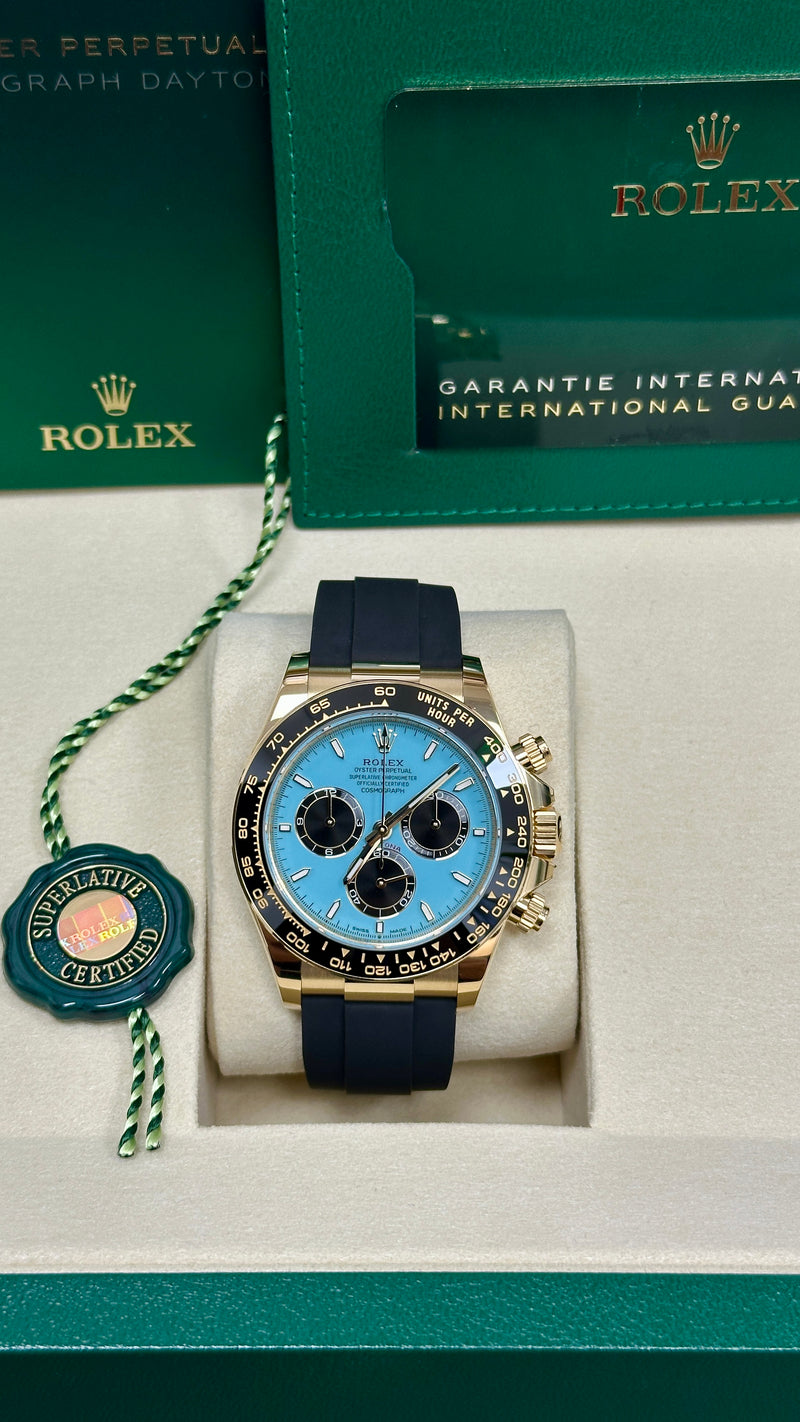Rolex Cosmograph Daytona 40mm Yellow Gold Ceramic Bezel Turquoise Blue and Black "Tiffany" Dial Oysterflex - 126518LN - New 2025