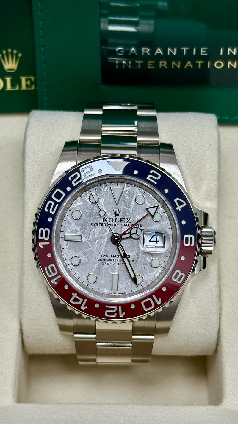 Rolex GMT-Master II 40mm White Gold Meteorite Dial Blue/Red Bezel "Pepsi" Oyster - 126719BLRO - New 2025