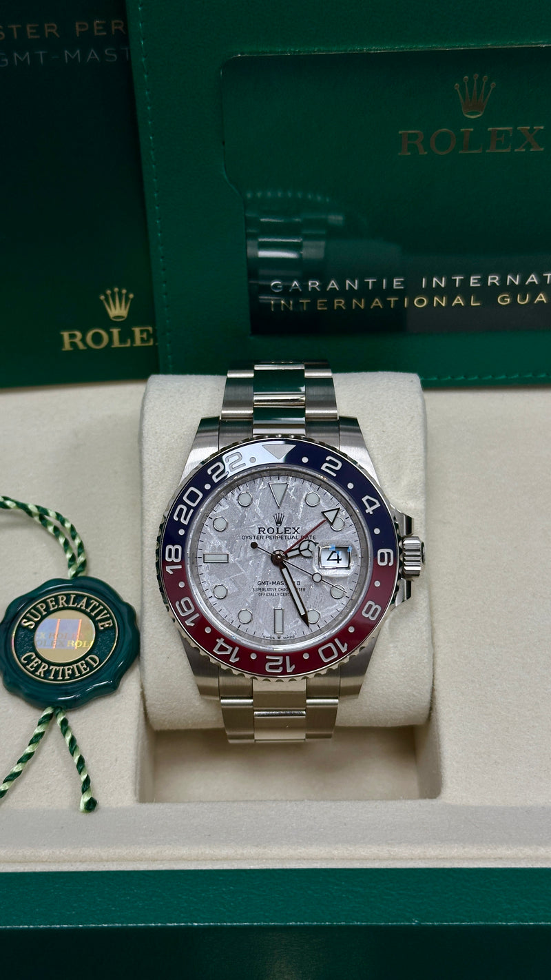 Rolex GMT-Master II 40mm White Gold Meteorite Dial Blue/Red Bezel "Pepsi" Oyster - 126719BLRO - New 2025