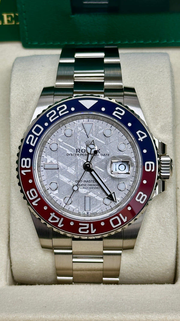 Rolex GMT-Master II 40mm White Gold Meteorite Dial Blue/Red Bezel "Pepsi" Oyster - 126719BLRO - New 2025