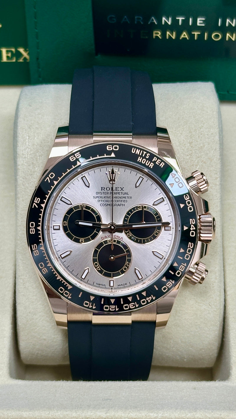 Rolex Cosmograph Daytona 40mm Everose Gold Ceramic Bezel Sundust and Black Index Dial Oysterflex - 126515LN - New 2025