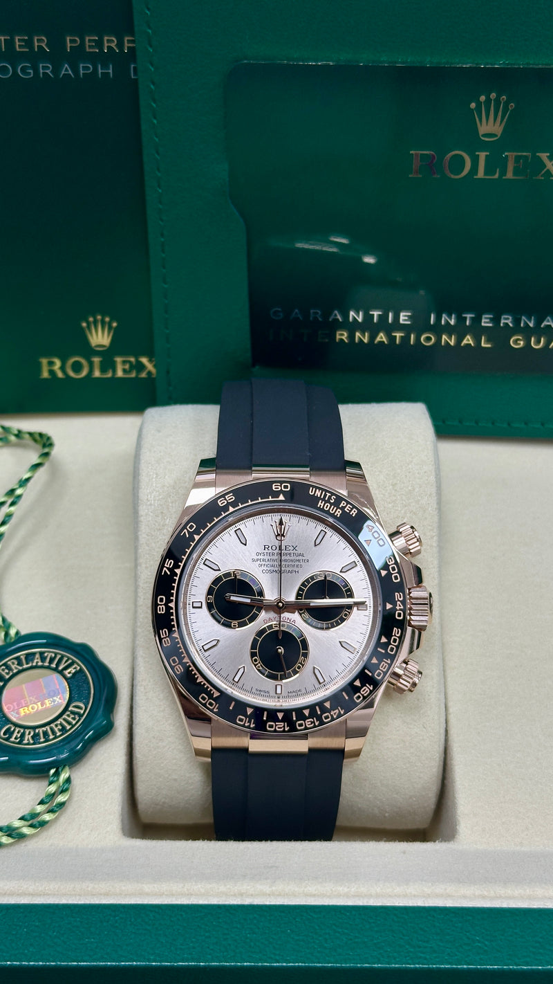 Rolex Cosmograph Daytona 40mm Everose Gold Ceramic Bezel Sundust and Black Index Dial Oysterflex - 126515LN - New 2025