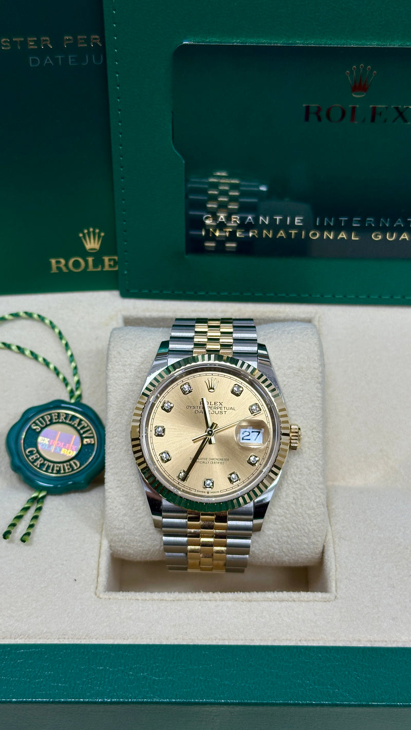 Rolex Datejust 36mm Two-Tone Yellow Gold Fluted Bezel Champagne Diamond Dial Jubilee - 126233 - New 2025