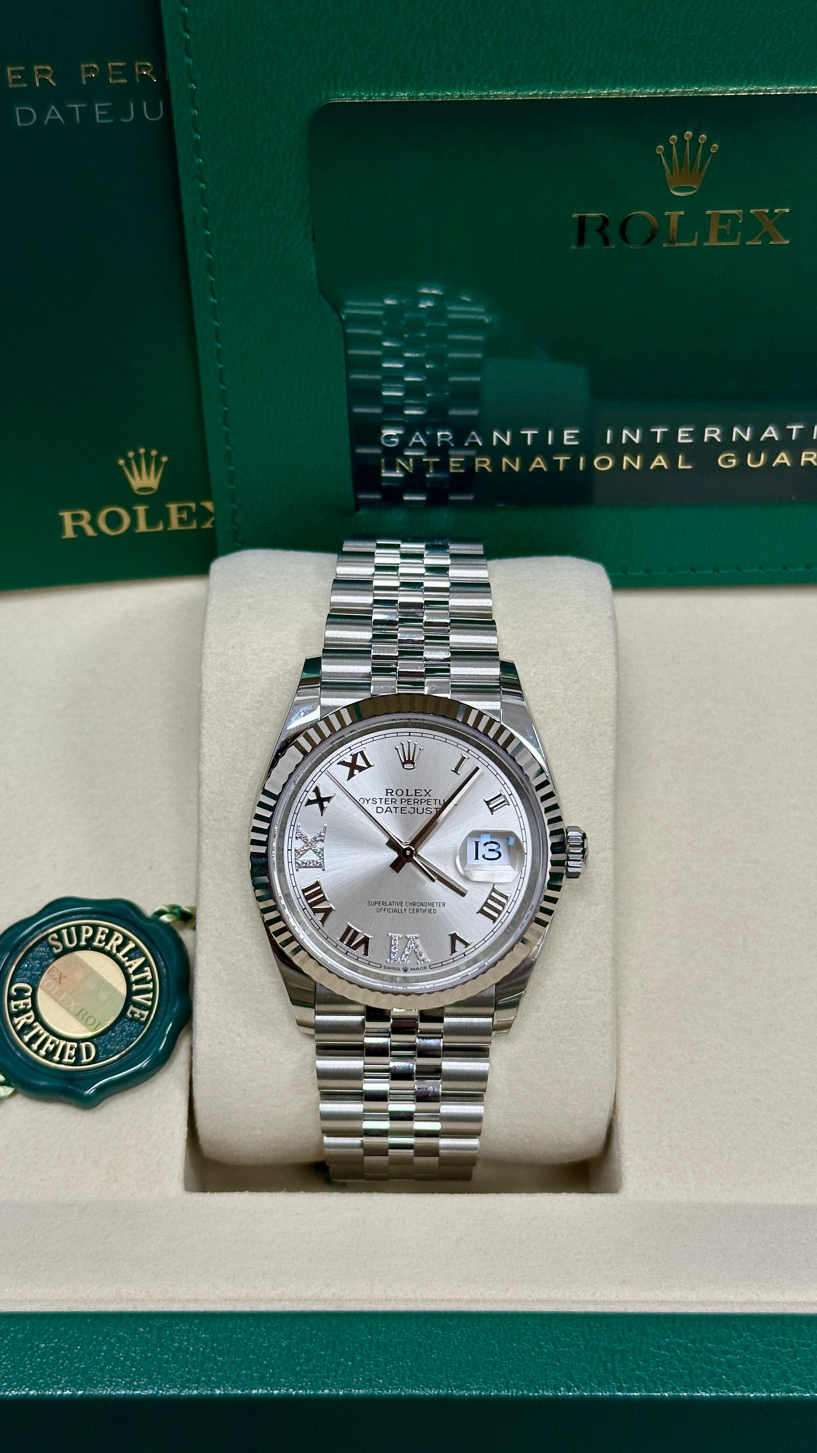 Rolex Datejust 36mm Fluted Bezel Silver Roman Diamond Dial