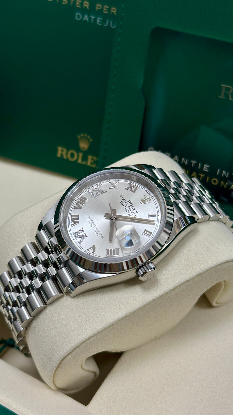 Rolex Datejust 36mm Fluted Bezel Silver Roman Diamond Dial Jubilee - 126234 - New 2025