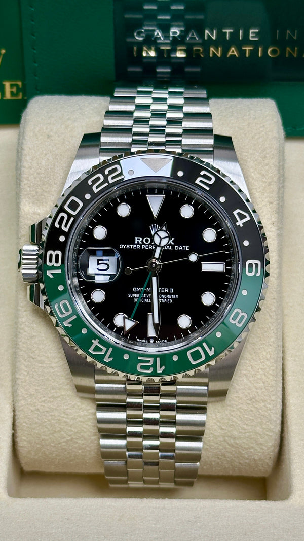 Rolex GMT-Master II 40mm Left-Handed Black Dial Green/Black Bezel Jubilee "Lefty Sprite" - 126720VTNR - New 2025