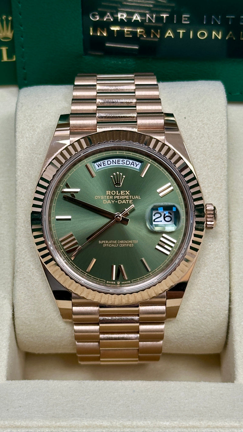 Rolex Day-Date "President" 40mm Everose Gold Olive Green Roman Dial - 228235 - New 2025