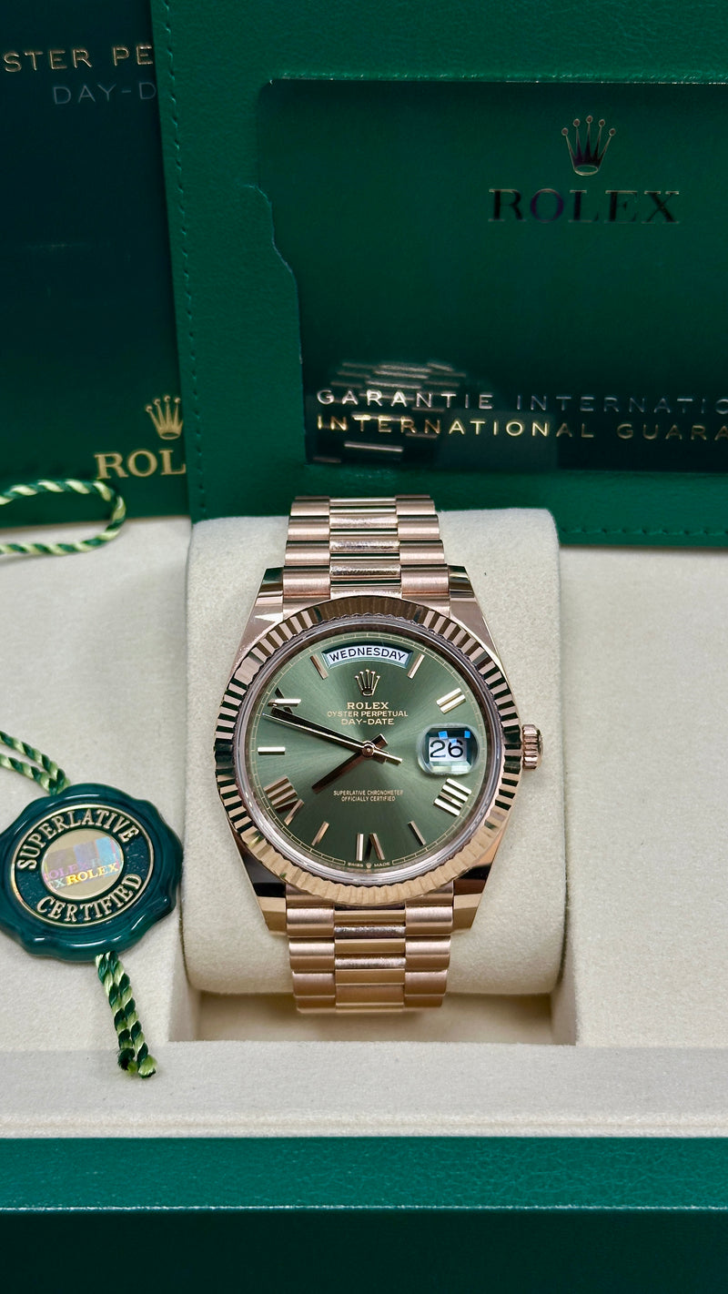 Rolex Day-Date "President" 40mm Everose Gold Olive Green Roman Dial - 228235 - New 2025