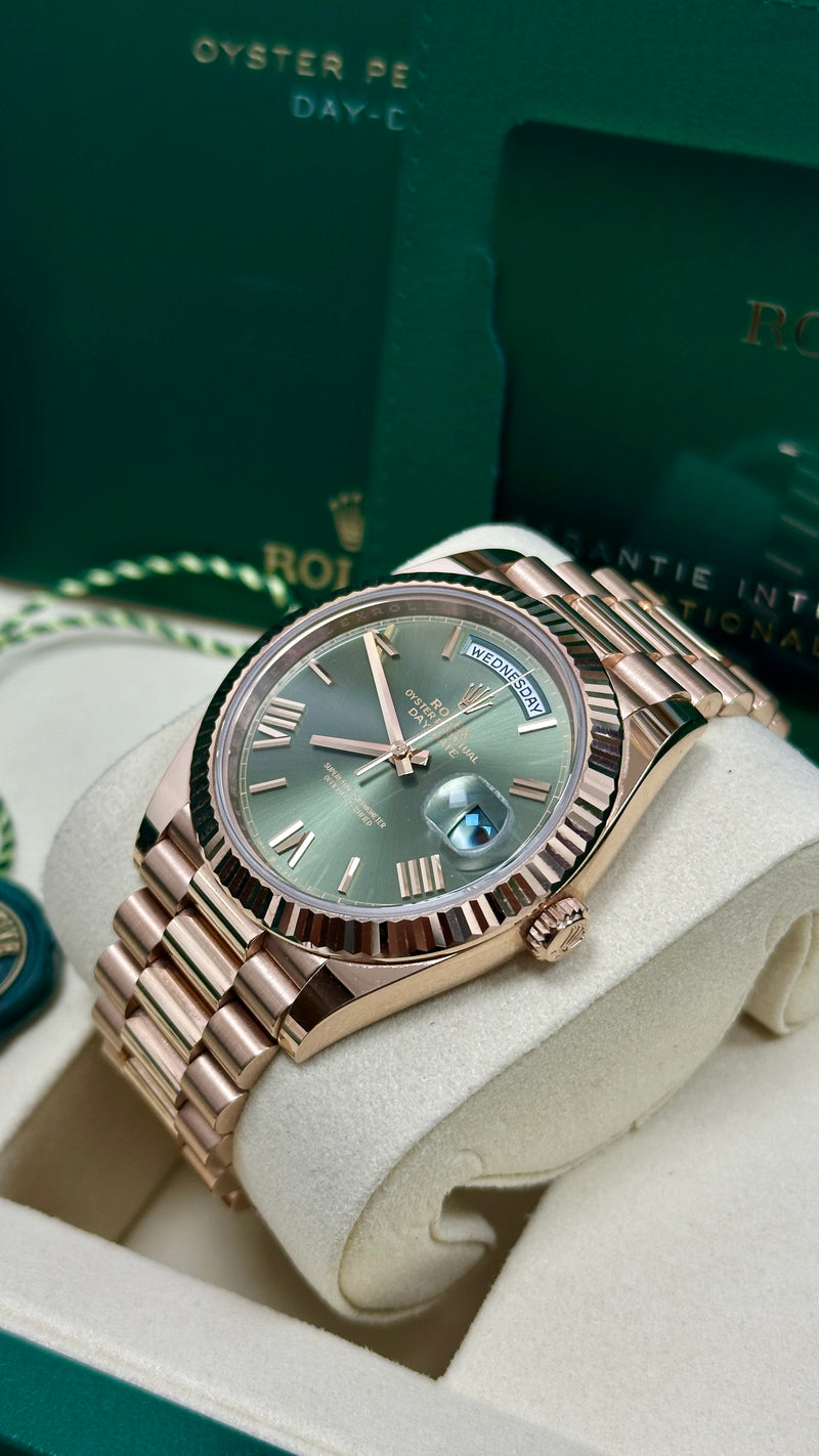 Rolex Day-Date "President" 40mm Everose Gold Olive Green Roman Dial - 228235 - New 2025