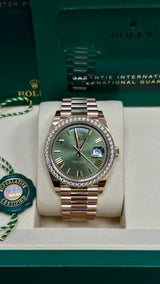 Rolex Day-Date "President" 40mm Everose Gold Olive Green Roman Dial Diamond Bezel - 228345RBR - New 2025