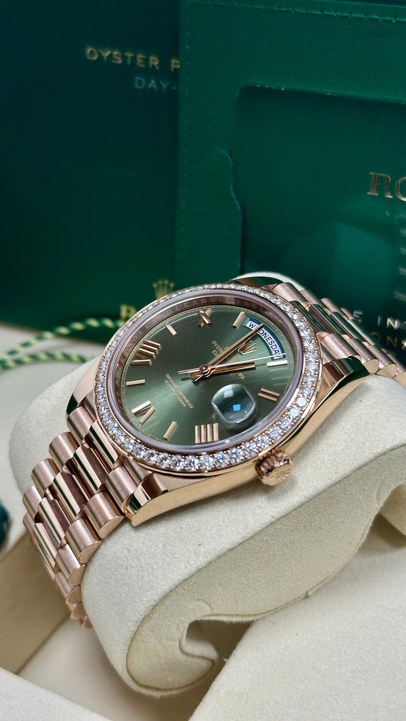 Rolex Day-Date "President" 40mm Everose Gold Olive Green Roman Dial Diamond Bezel - 228345RBR - New 2025