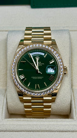 Rolex Day-Date "President" 40mm Yellow Gold Green Roman Dial Diamond Bezel - 228348rbr - New 2025