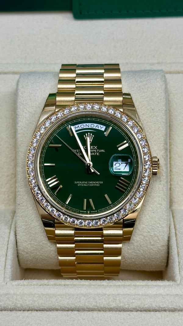 Rolex Day-Date "President" 40mm Yellow Gold Green Roman Dial Diamond Bezel - 228348rbr - New 2025