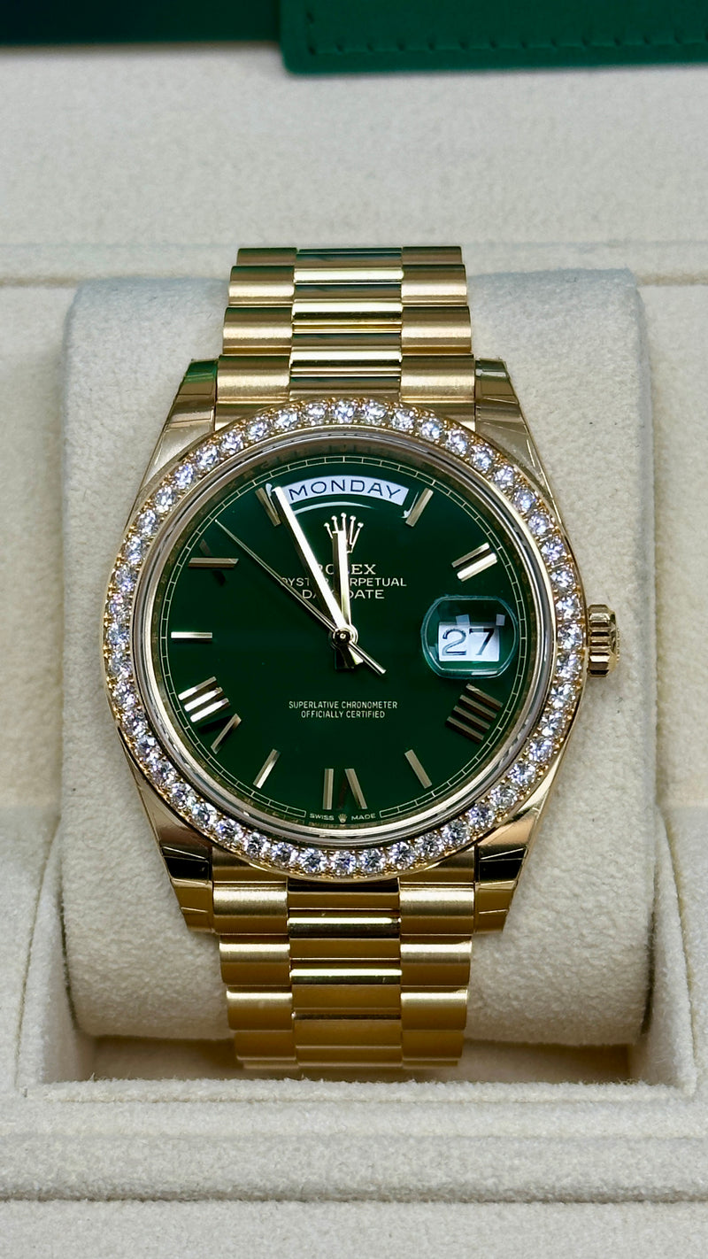 Rolex Day-Date "President" 40mm Yellow Gold Green Roman Dial Diamond Bezel - 228348rbr - New 2025