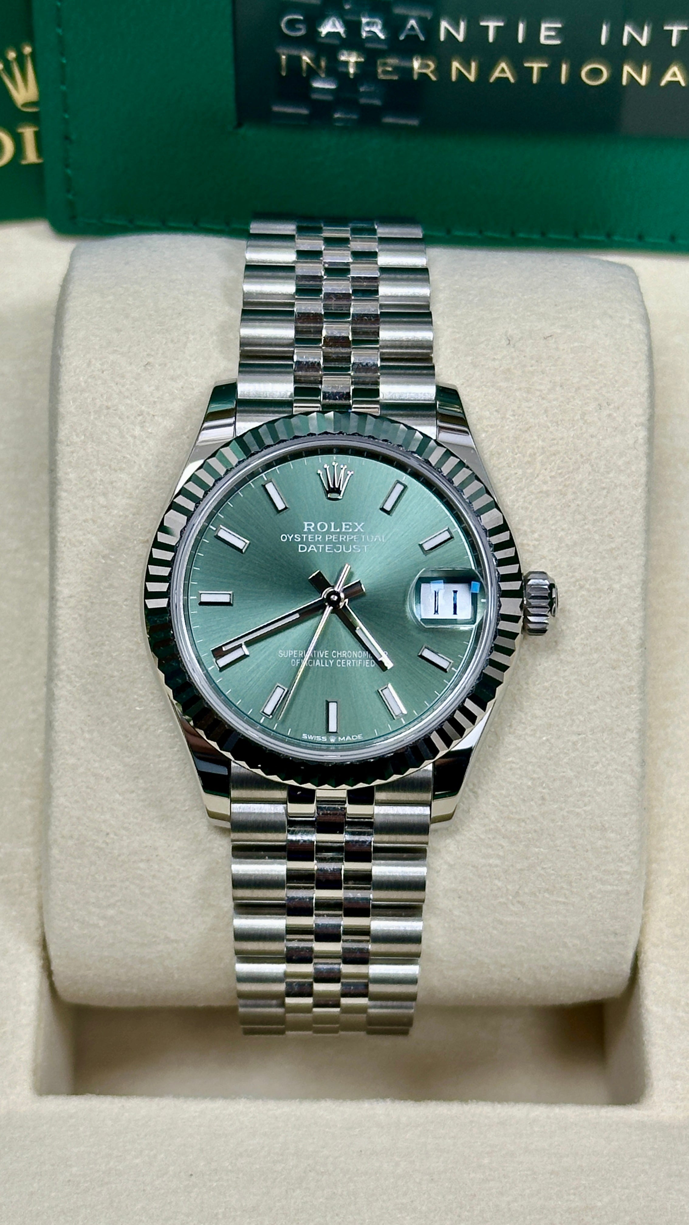 Rolex Lady-Datejust 31mm Green Index Dial Fluted Bezel Jubilee Bracele