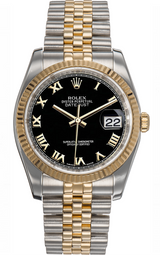 Rolex Datejust 36mm Two-Tone Yellow Gold Fluted Bezel Black Roman Factory Dial Jubilee - 116233