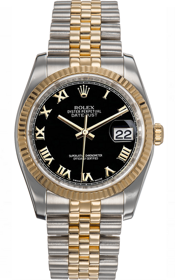 Rolex Datejust 36mm Two-Tone Yellow Gold Fluted Bezel Black Roman Factory Dial Jubilee - 116233