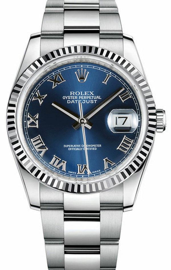 Rolex Datejust 36mm Fluted Bezel Blue Roman Dial Oyster - 116234