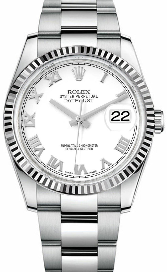 Rolex Datejust 36mm Fluted Bezel White Roman Dial Oyster 116234 Gamzo Co