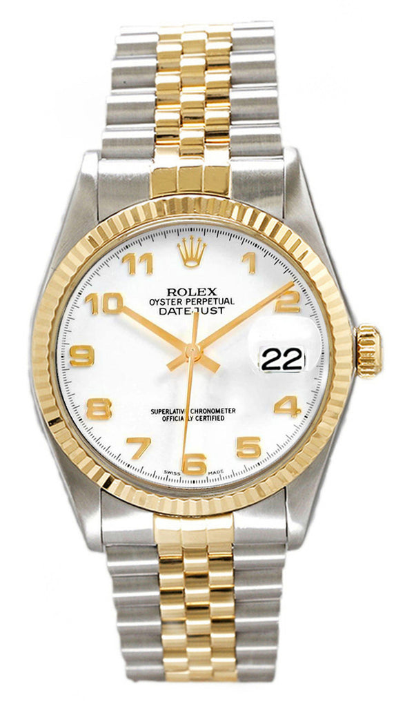 Rolex Datejust 36mm Two-Tone Yellow Gold Fluted Bezel White Arabic Factory Dial Jubilee - 16013