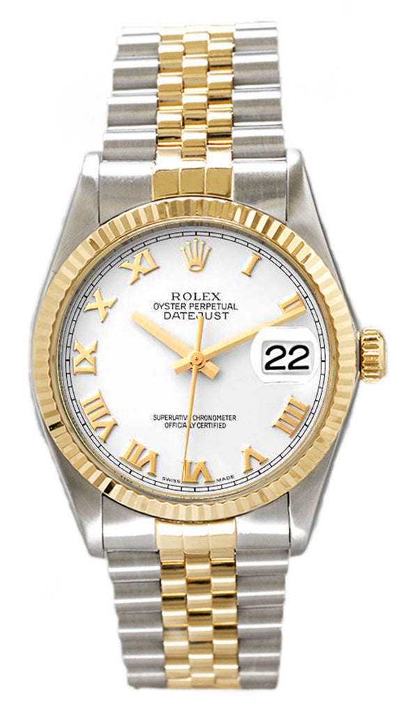 Rolex Datejust 36mm Two-Tone Yellow Gold Fluted Bezel White Roman Factory Dial Jubilee - 16013