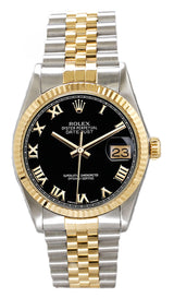 Rolex Datejust 36mm Two-Tone Yellow Gold Fluted Bezel Black Factory Roman Dial Jubilee - 116233