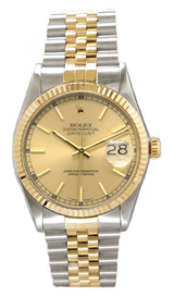 Rolex Datejust 36mm Two-Tone Yellow Gold Fluted Bezel Champagne Index Dial Jubilee - 16013