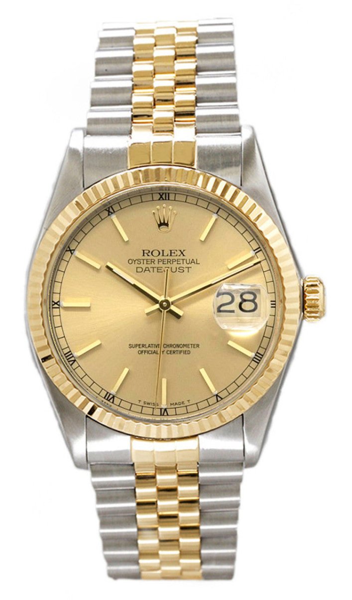 Rolex Datejust 36mm Two-Tone Yellow Gold Fluted Bezel Champagne Index Dial Jubilee - 16013