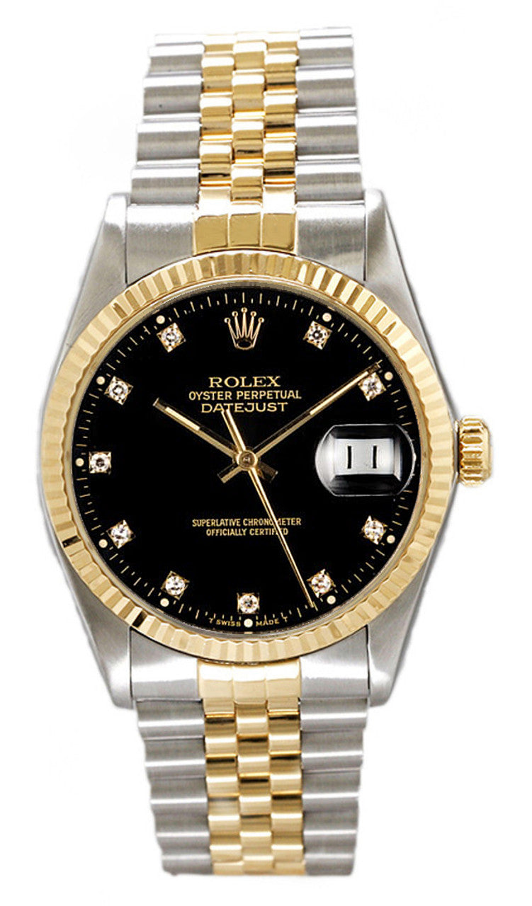 Rolex Datejust 36mm Two-Tone Yellow Gold Fluted Bezel Black Diamond Factory Dial Jubilee - 16013