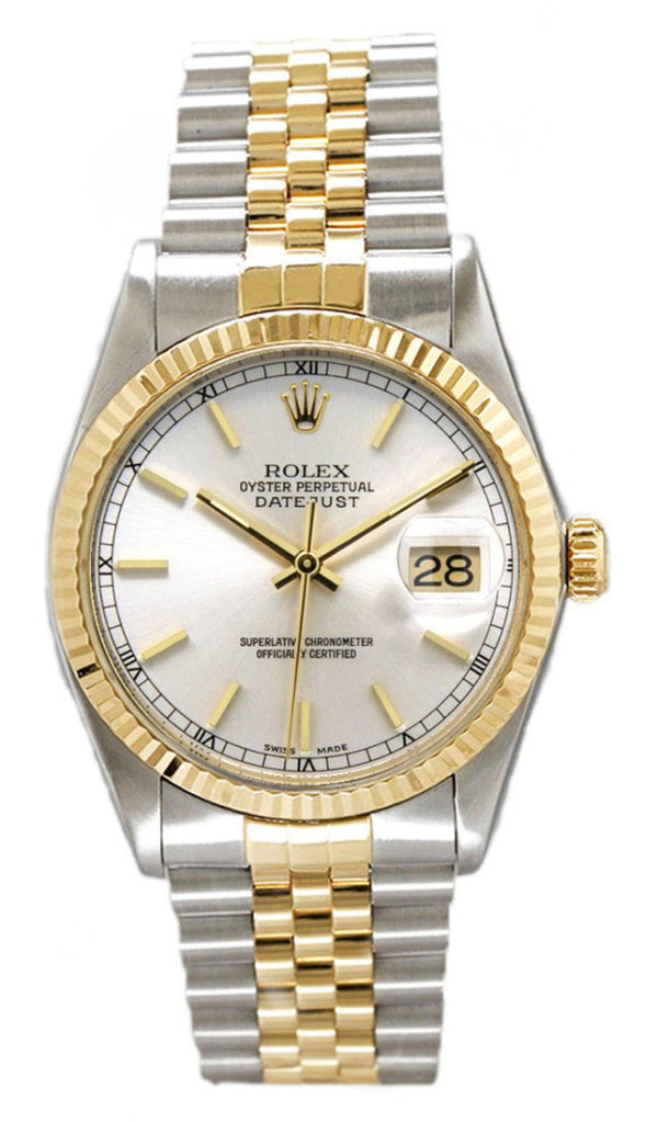 Rolex Datejust 36mm Two-Tone Yellow Gold Fluted Bezel Silver Index Dial Jubilee - 16013