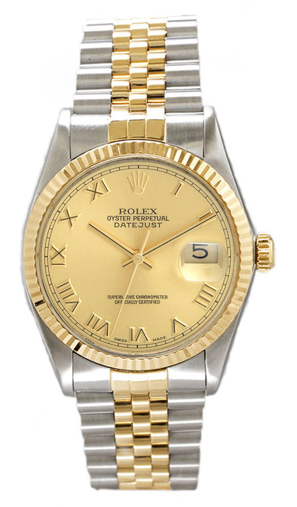 Rolex Datejust 36mm Two-Tone Yellow Gold Fluted Bezel Champagne Roman Dial Jubilee - 16013