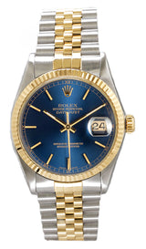 Rolex Datejust 36mm Two-Tone Yellow Gold Fluted Bezel Blue Index Factory Dial Jubilee - 16013